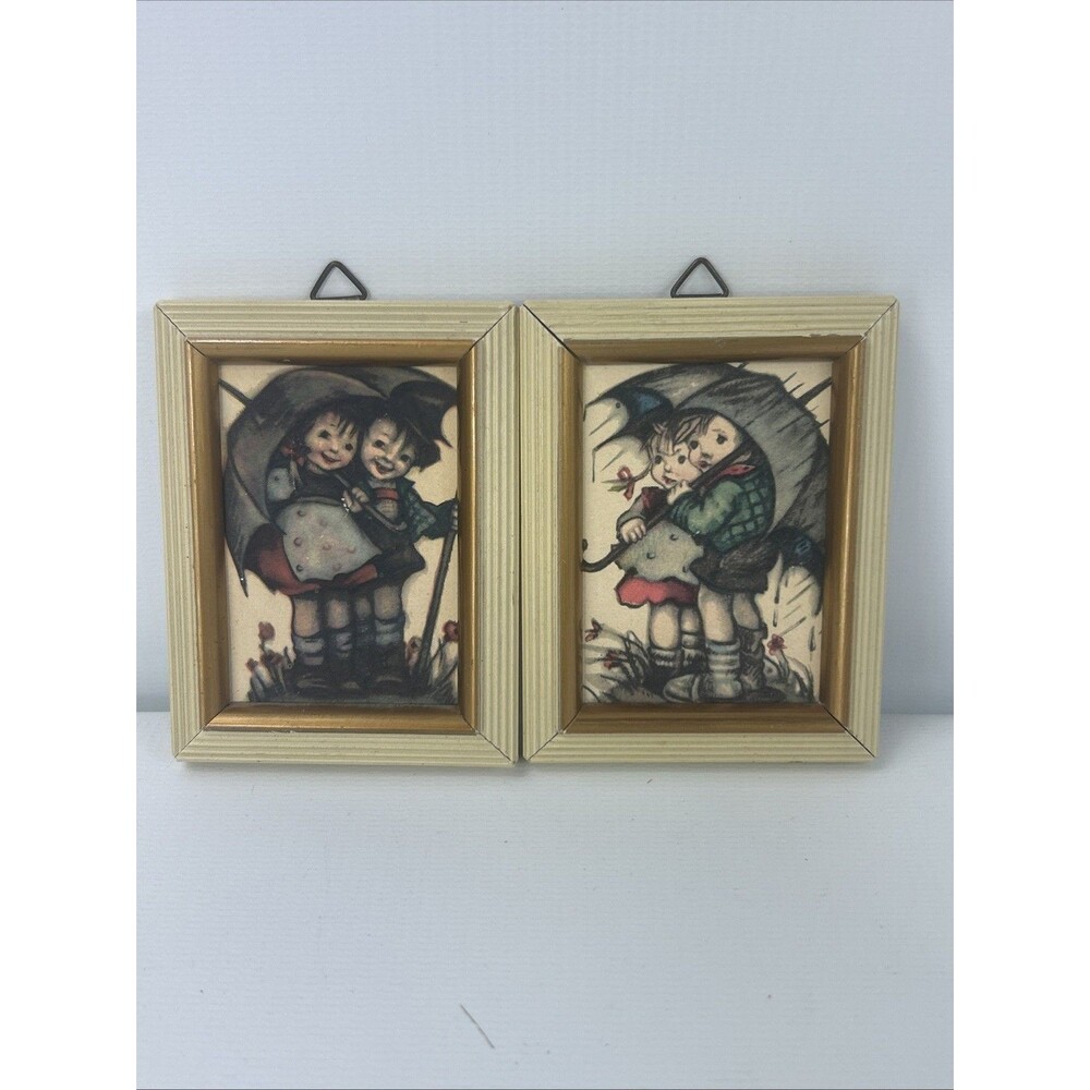Hummel Prints Featuring Kids With Umbrellas; 2 Original Framed Prints